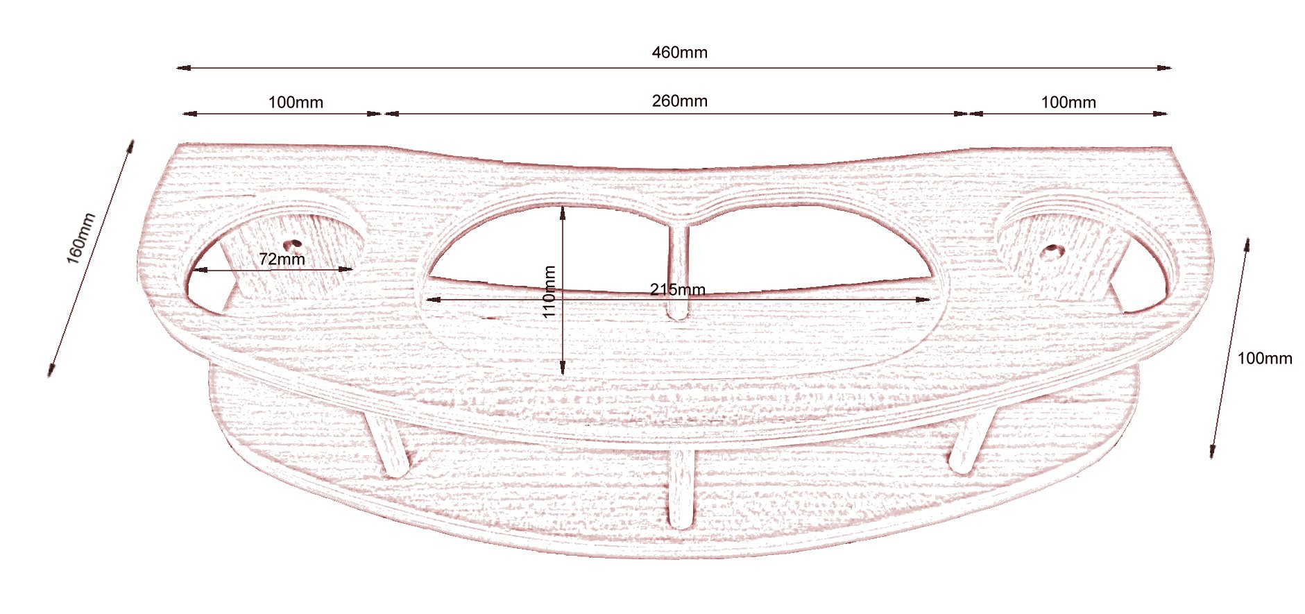Sketch with measurements for beverage/binocular holder