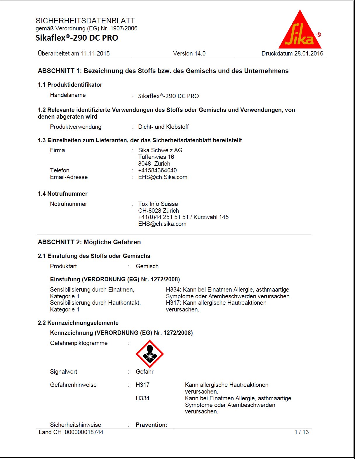 safety data sheet Sikaflex290DC